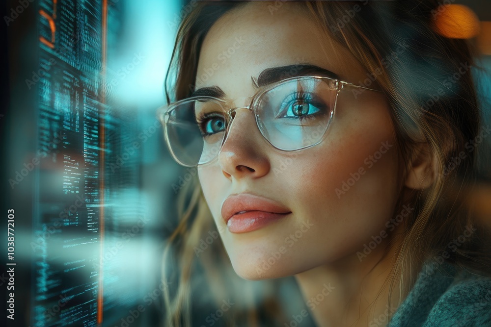 Focused Woman Analyzing Code on Computer Screen with Futuristic Glasses in Tech Environment Focused Woman Analyzing Code on Computer Screen with Futuristic Glasses in Tech Environment