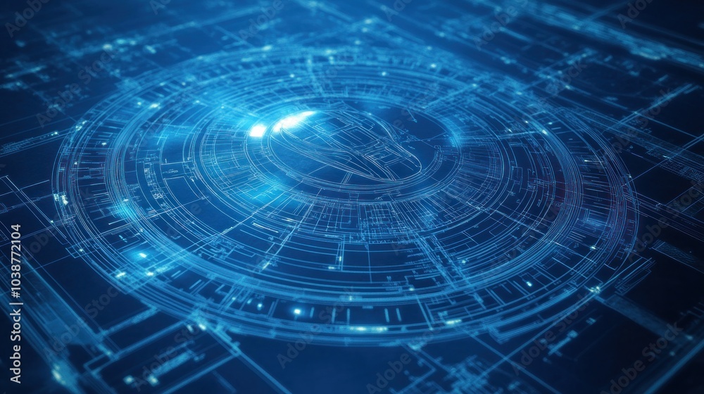 A futuristic digital interface displaying intricate blue circuits and patterns. A futuristic digital interface displaying intricate blue circuits and patterns.