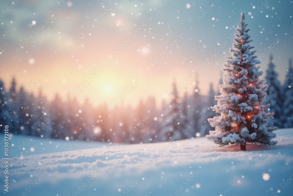 Winter wonderland with snow-covered evergreen tree at sunset - perfect for holiday decorations. Winter wonderland with snow-covered evergreen tree at sunset - perfect for holiday decorations.