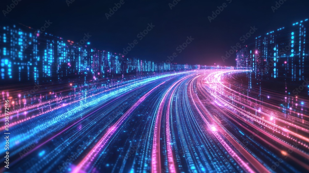 Fototapeta premium A vibrant digital landscape with glowing lines representing data flow and connectivity.