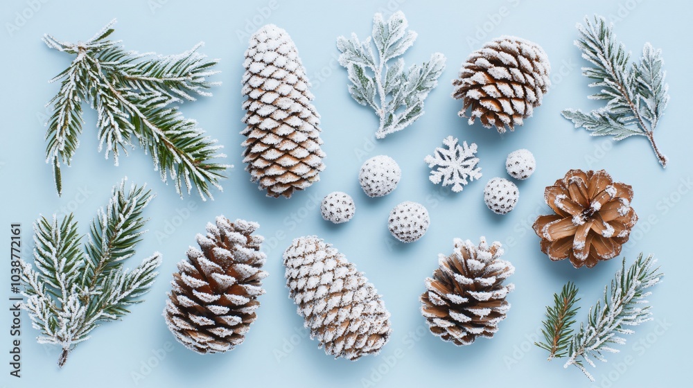 Snow-dusted pinecones, isolated on a light blue background, with frosted berries, evergreen leaves, and a dusting of snowflakes Snow-dusted pinecones, isolated on a light blue background, with frosted berries, evergreen leaves, and a dusting of snowflakes