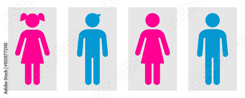 Male and female gender icon symbol. Man woman sign. Female and male icon. Gender symbol pink and blue color isolated set. Man, woman, girl and boy gender symbols. Vector illustration.