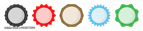 Simple circle frame vector icon set in different color. Collection of empty circular stamp. Rounded zig-zag stitched circle set in colors. Circle template for logo, stickers and business sign icons.