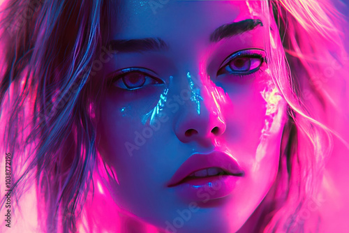 Vibrant Neon Portrait of a Woman with Futuristic Makeup and Bright Lighting