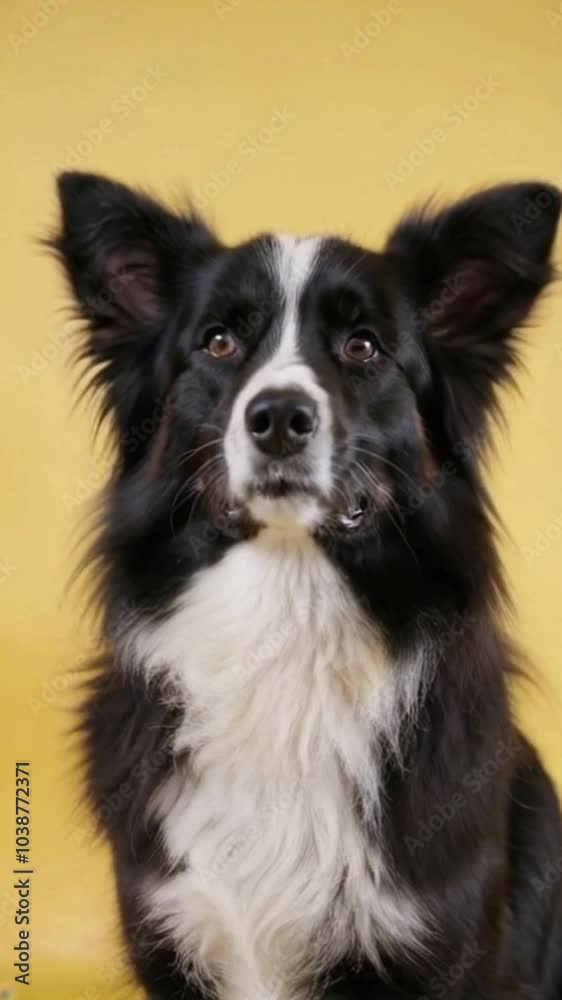 A black and white border collie dog on a yellow background. A black and white border collie dog on a yellow background.