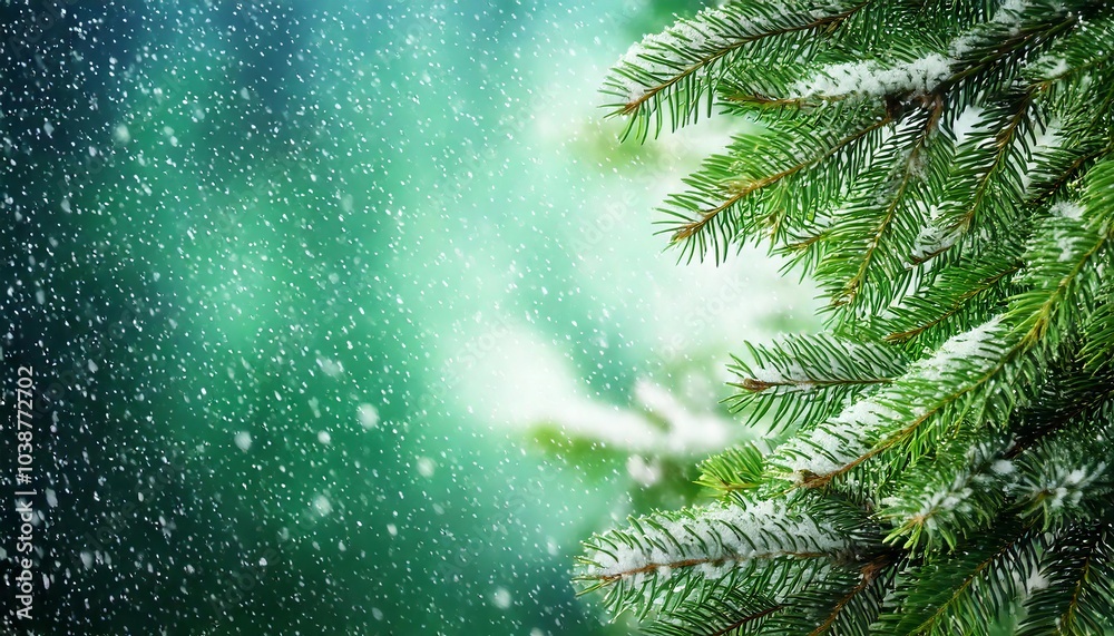 Fir tree branches with green leaves in snowfall, close up, blurred background, banner design. Snow and frozen drops of water on the needles of spruce branches. Postcard with a macro view of nature. Fir tree branches with green leaves in snowfall, close up, blurred background, banner design. Snow and frozen drops of water on the needles of spruce branches. Postcard with a macro view of nature.