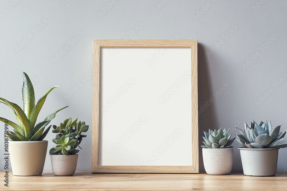 minimalist display featuring wooden frame and various potted succulents creates serene atmosphere. combination of greenery and neutral tones enhances calming effect minimalist display featuring wooden frame and various potted succulents creates serene atmosphere. combination of greenery and neutral tones enhances calming effect
