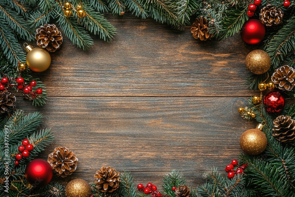 Festive Christmas Frame with Pine Branches, Baubles, and Pinecones on Wooden Background Festive Christmas Frame with Pine Branches, Baubles, and Pinecones on Wooden Background