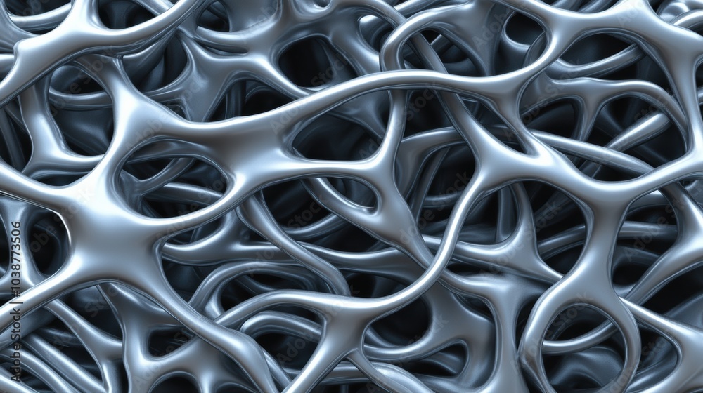 Abstract metallic network with fluid, interconnected structures, AI Abstract metallic network with fluid, interconnected structures, AI