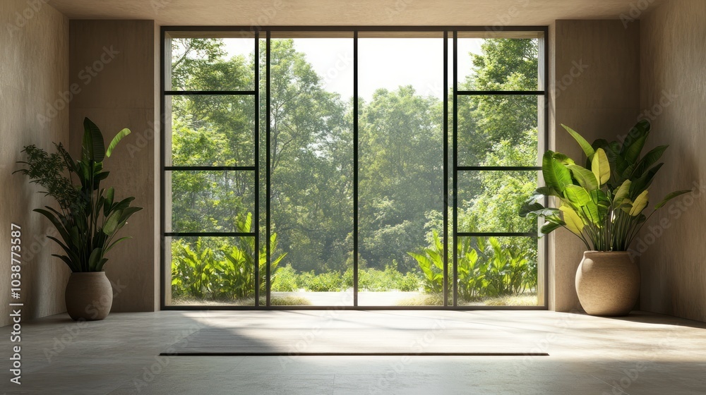Fototapeta premium A serene interior with large windows showcasing lush greenery outside.
