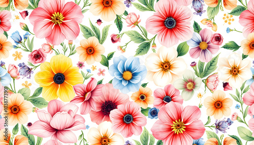 Beautiful seamless floral pattern with watercolor gentle summer colorful flowers. Stock illustration isolated with white highlights, png