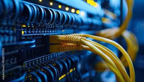 An up-close view of network cables and displays in a data center photo