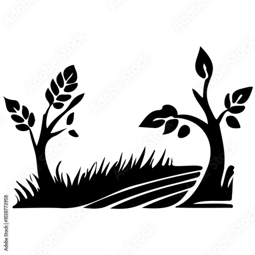 Farmhouse and tree silhouette scene in minimal style for harvest and rural landscape background