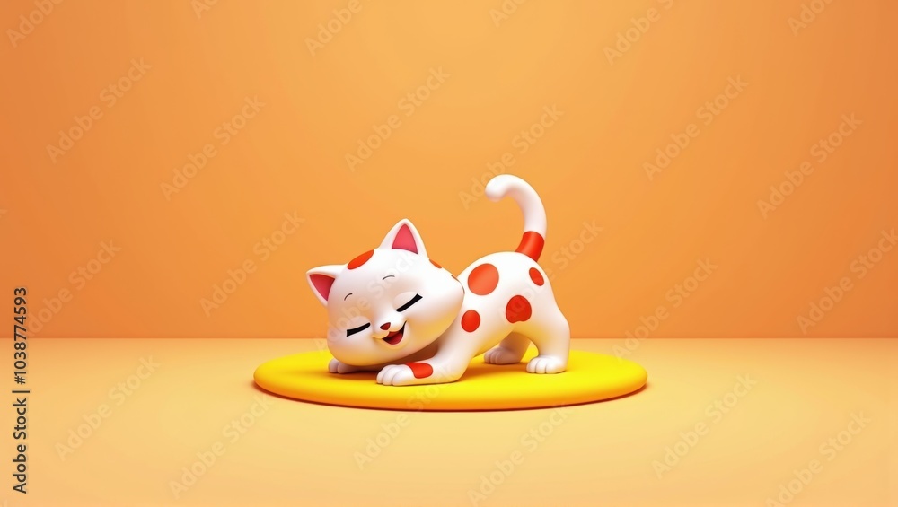 Generative, AI, A playful spotted cat figurine on a yellow platform against an orange background.
Generative, AI, A playful spotted cat figurine on a yellow platform against an orange background.