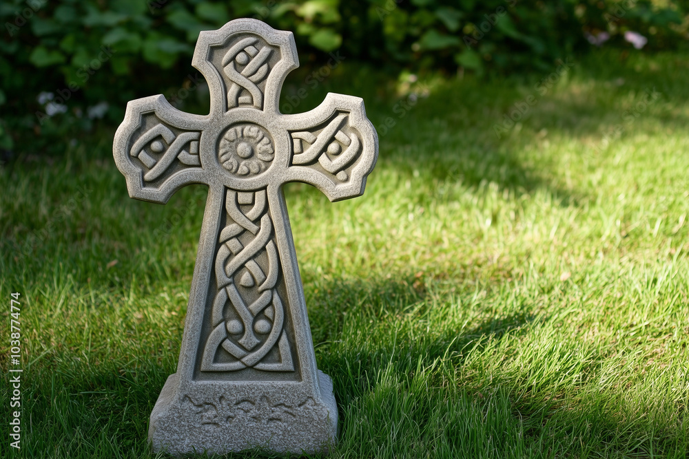 Celtic cross gravestone with intricate design in a sunlit grassy field. Celtic cross gravestone with intricate design in a sunlit grassy field.