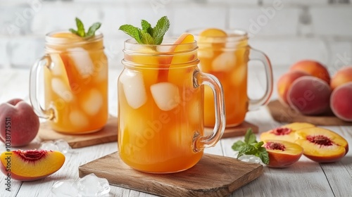 Three mason jars filled with refreshing iced peach tea, garnished with mint leaves and peach slices, on a white wooden table with fresh peaches.