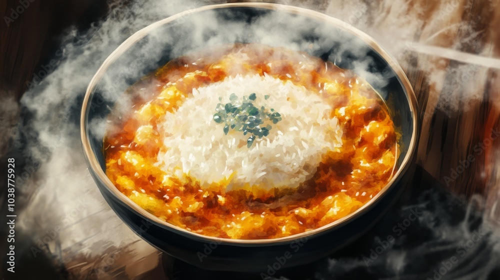 Delicious Bowl of Steaming Rice with Savory Sauce Delicious Bowl of Steaming Rice with Savory Sauce
