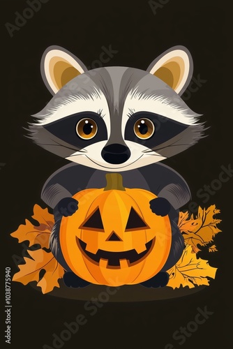 Raccoon with Pumpkin:  A cute cartoon raccoon holds a jack-o'-lantern pumpkin, surrounded by autumn leaves, against a black background.  Perfect for Halloween, fall, and autumn themed projects. 