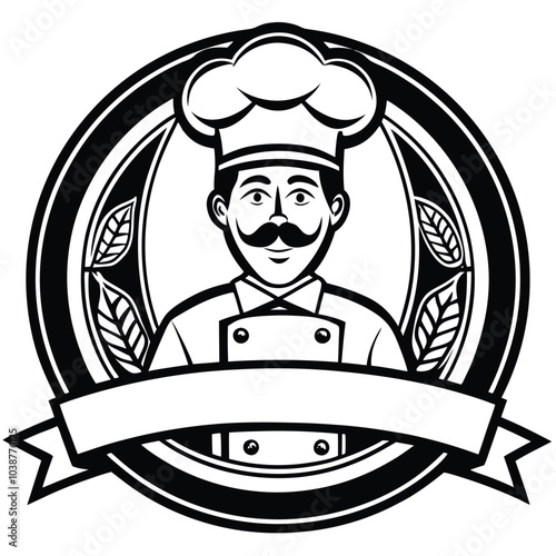 Emblem funny chef with pizza on the background Italian flag. Pizzeria logo vector illustration