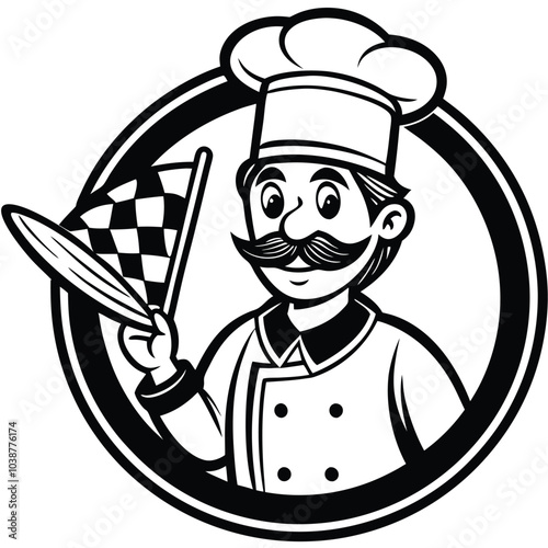 Emblem funny chef with pizza on the background Italian flag. Pizzeria logo vector illustration