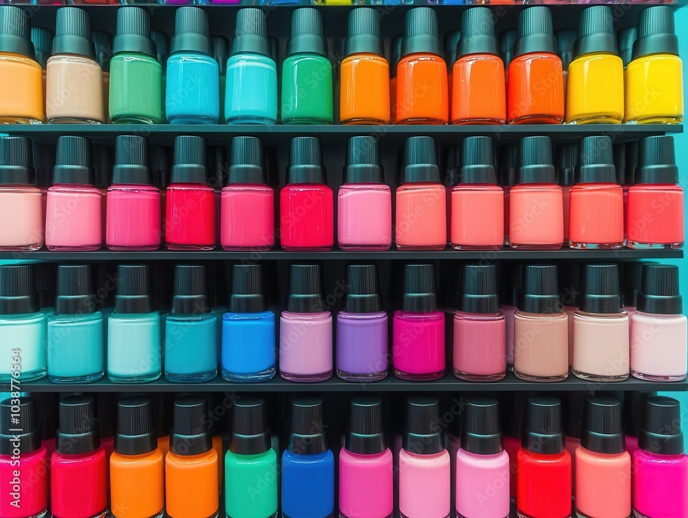 A colorful display of nail polish bottles arranged in neat rows, showcasing a vibrant palette of shades. A colorful display of nail polish bottles arranged in neat rows, showcasing a vibrant palette of shades.