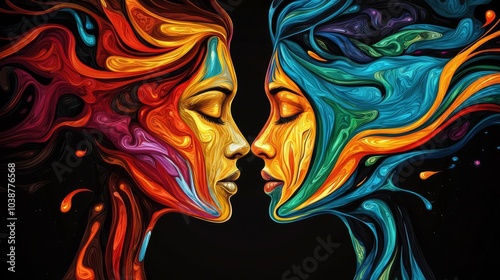 Abstract portrait of two women with colorful flowing hair representing harmony and connection.