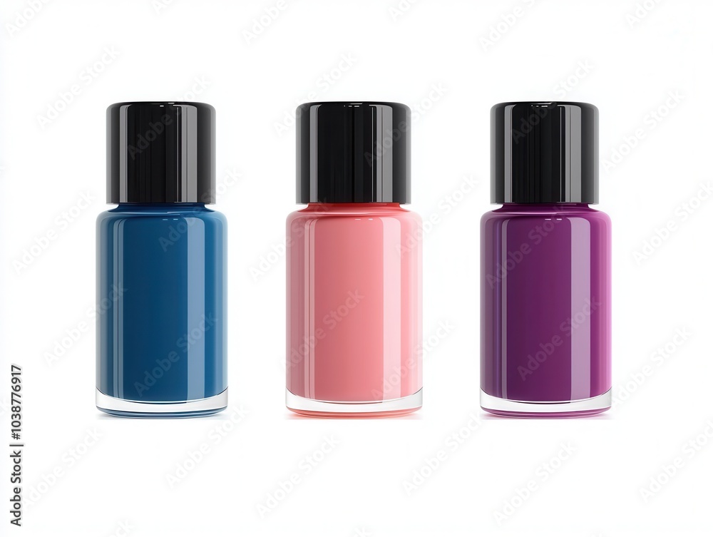 Three nail polish bottles in vibrant colors: blue, pink, and purple, each featuring a sleek black cap against a neutral background. Three nail polish bottles in vibrant colors: blue, pink, and purple, each featuring a sleek black cap against a neutral background.