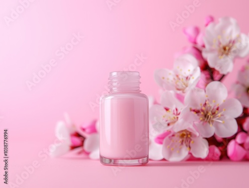 A pink nail polish bottle sits elegantly amid delicate pink blossoms against a soft pink background.