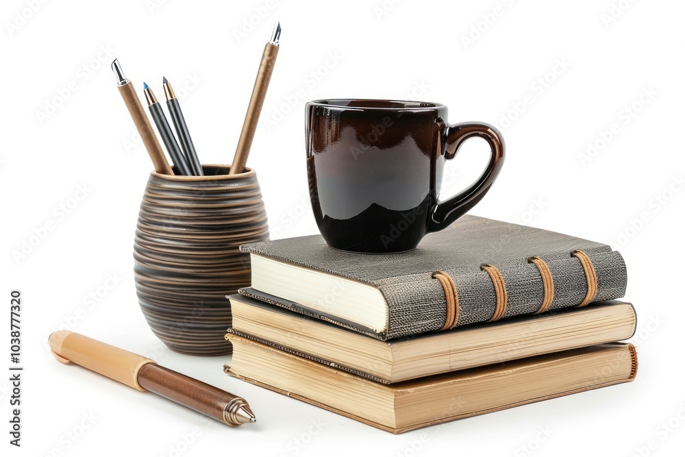 Naklejka premium A study desk with a stack of books, a coffee cup, and a pen holder isolated on white