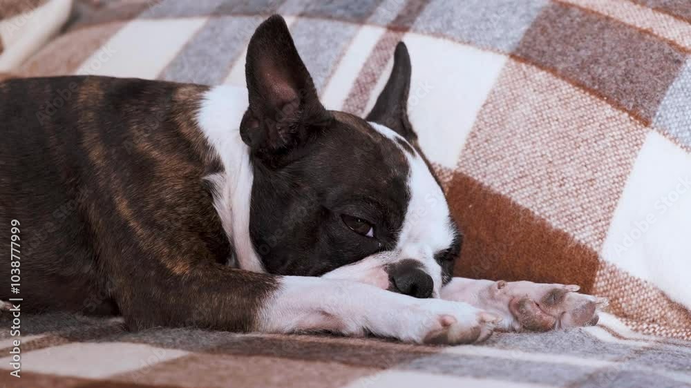 The Boston Terrier is lying on the beach on the couch at home. The Boston Terrier is lying on the beach on the couch at home.