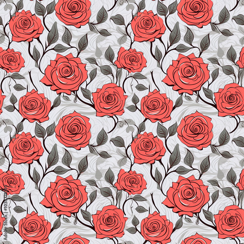 Seamless red rose pattern with green leaves on white background. Pattern for wallpaper, background, print on fabric and paper. Seamless red rose pattern with green leaves on white background. Pattern for wallpaper, background, print on fabric and paper.