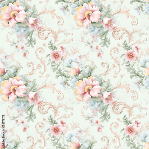 Seamless Soft floral pattern with pastel flowers and swirls. Pattern for wallpaper, background, print on fabric and paper.