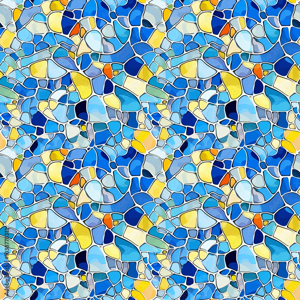 Seamless Mosaic stained glass pattern in blue and yellow tones. Pattern for wallpaper, background, print on fabric and paper.