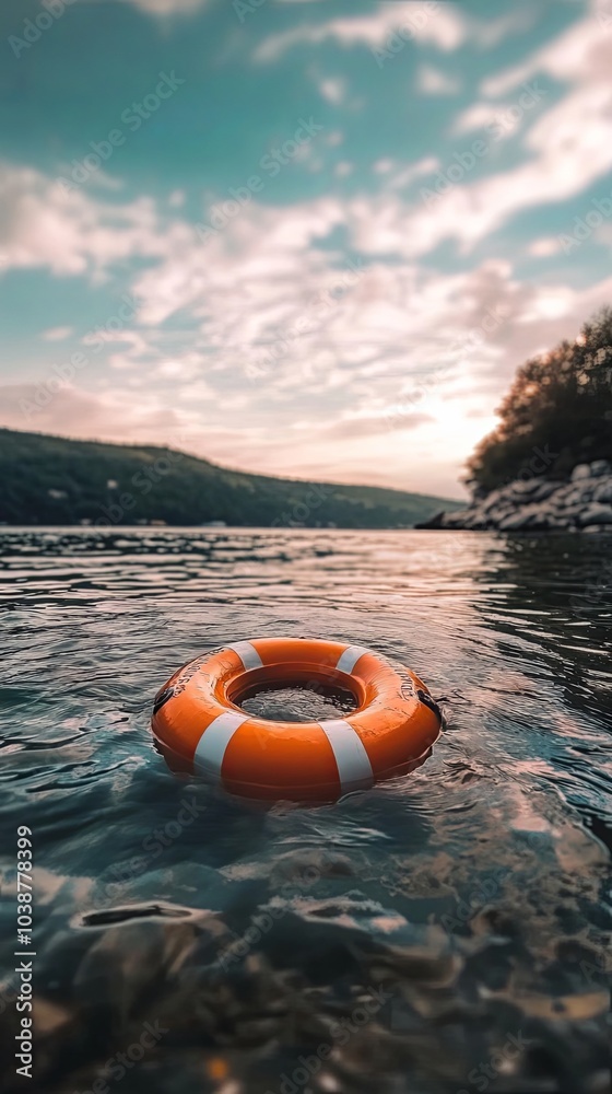Obraz premium Orange Lifebuoy Floating on Calm Water