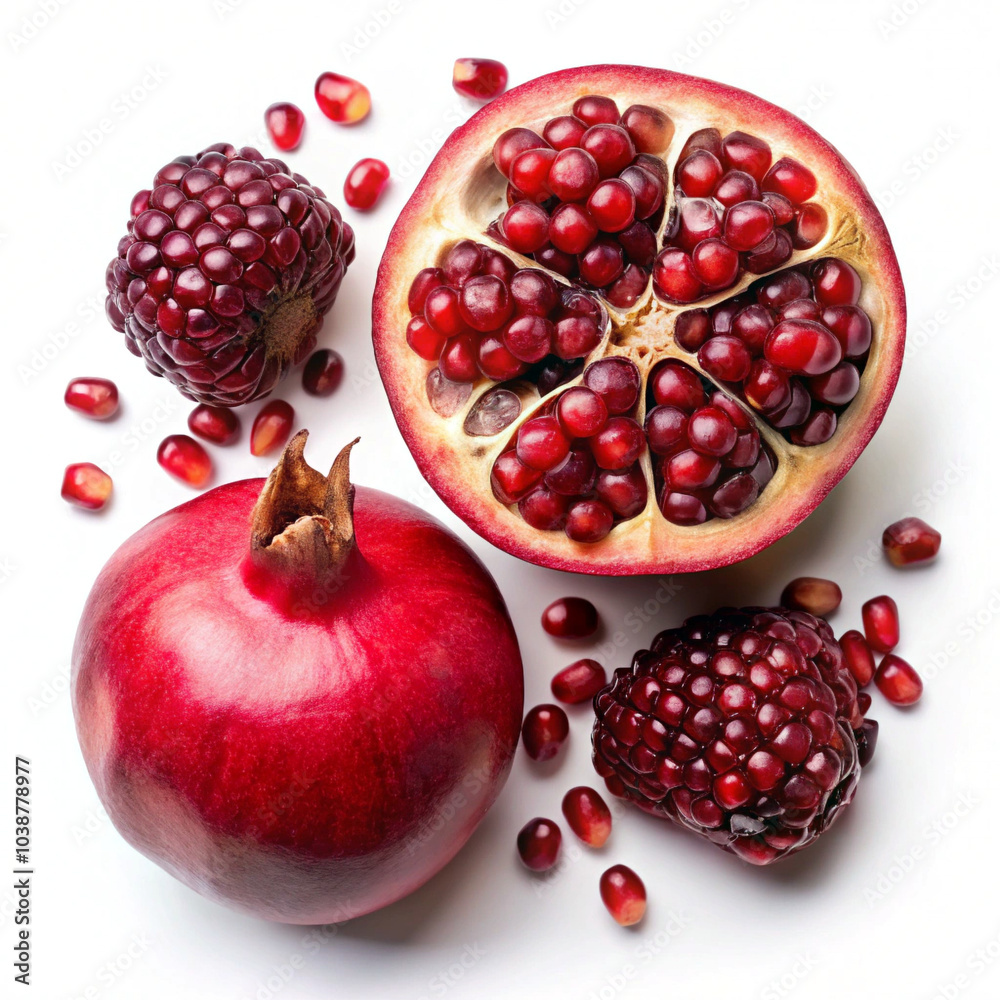 Top view of whole and sliced pomegranate, revealing bright seeds and rich color on white background Top view of whole and sliced pomegranate, revealing bright seeds and rich color on white background
