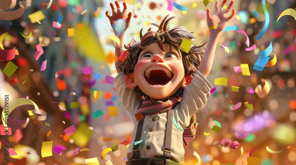Fototapeta premium Joyful Cartoon Character Celebrating with Confetti