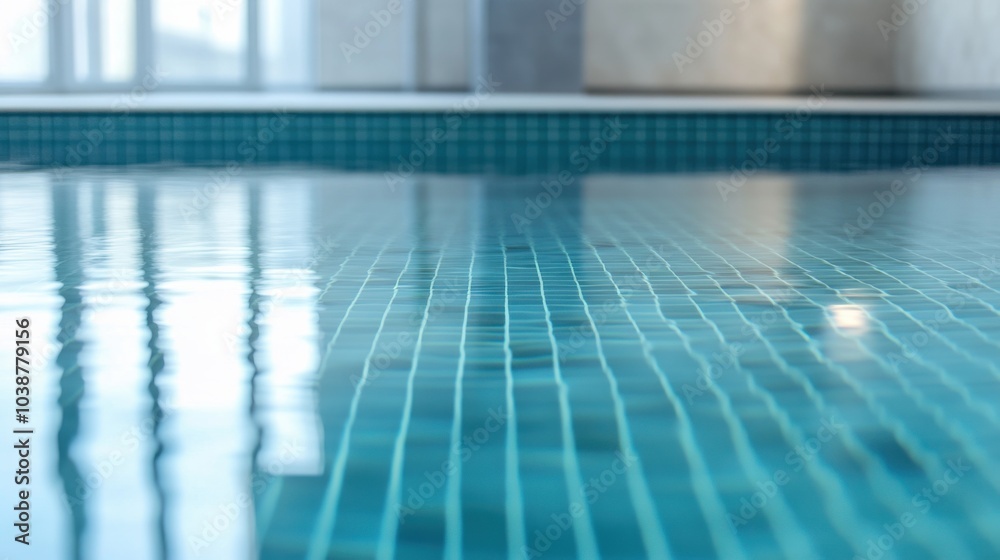 Obraz premium A swimming pool's edge tiles with focus on the grout lines and water reflection, indoor setting with bright artificial lighting, Clear style