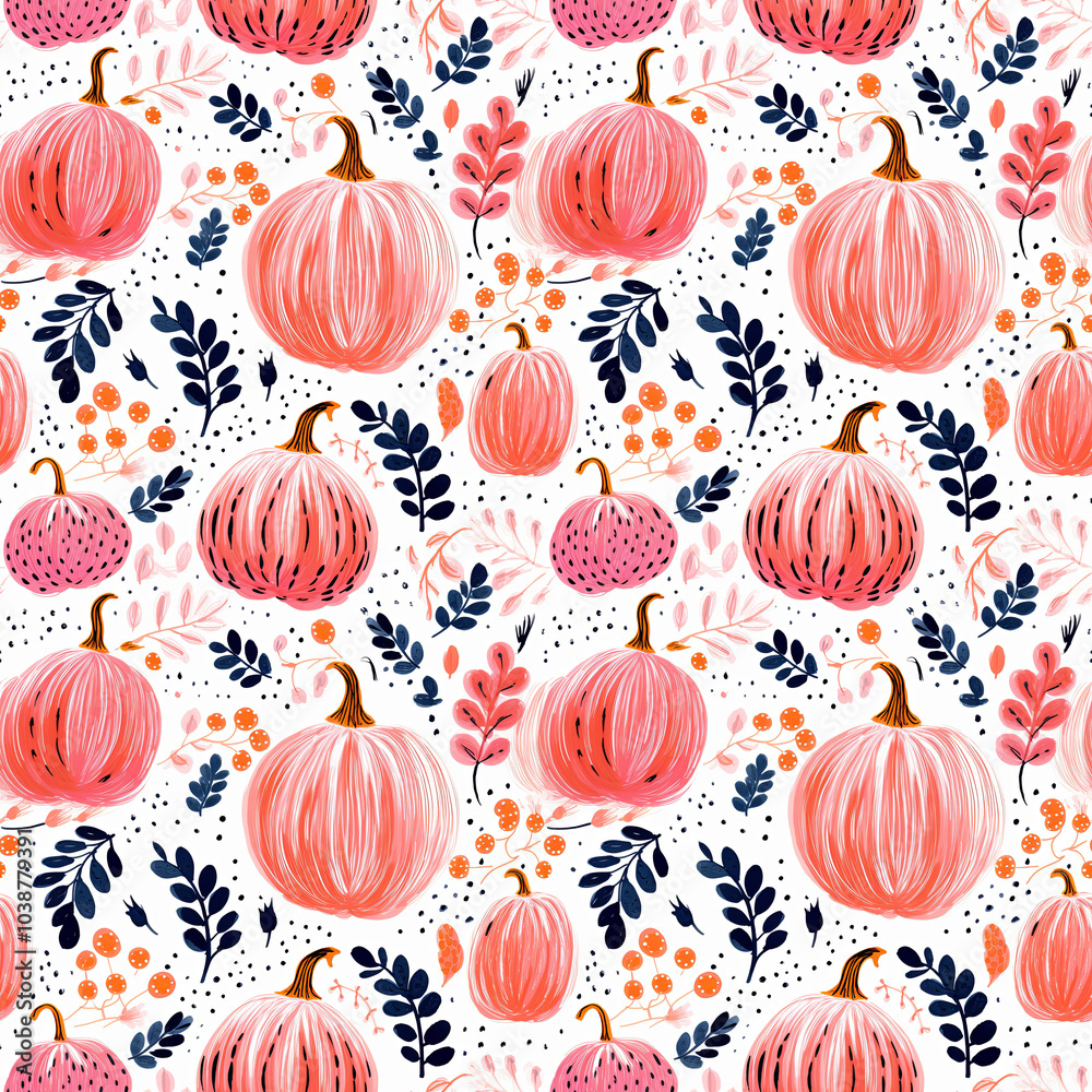 Seamless Hand-drawn pumpkin pattern with leaves on white background. Pattern for wallpaper, background, print on fabric and paper.