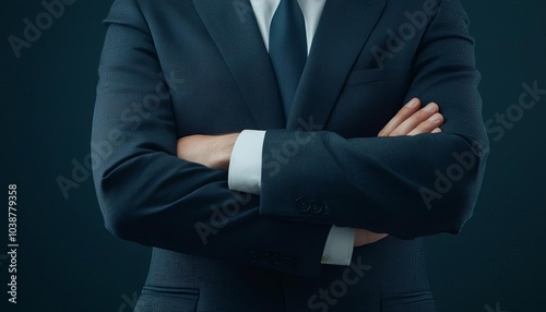 Confident businessman in suit with arms crossed, dark background.