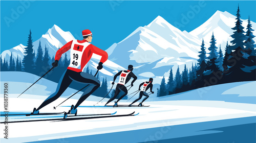 Three skiers in high mountains