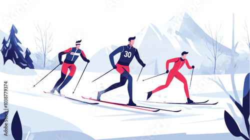 Three skiers in high mountains