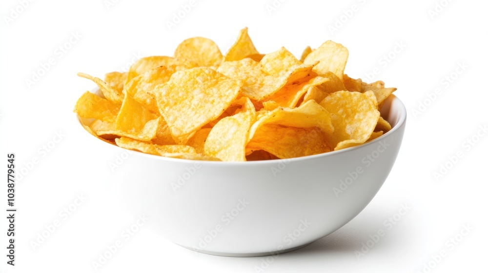 A white bowl filled with crispy, golden potato chips. A white bowl filled with crispy, golden potato chips.