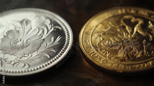 A detailed shot of a silver coin next to a gold coin, both with intricate designs and smooth edges.