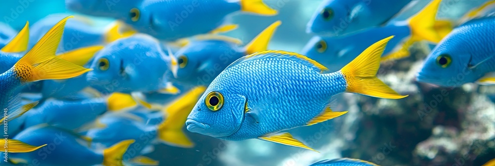 Naklejka premium Vibrant Blue Fish with Yellow Tails in a Coral Reef