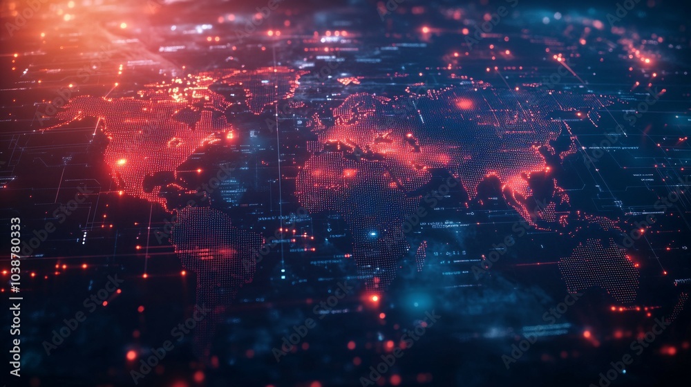 Naklejka premium Digital World Map with Red Glowing Points and Circuitry
