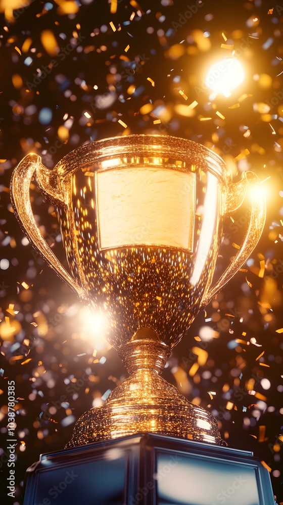a large trophy made out of butter, sitting on a pedastal, surrounded by bright light and confetti falling from the sky