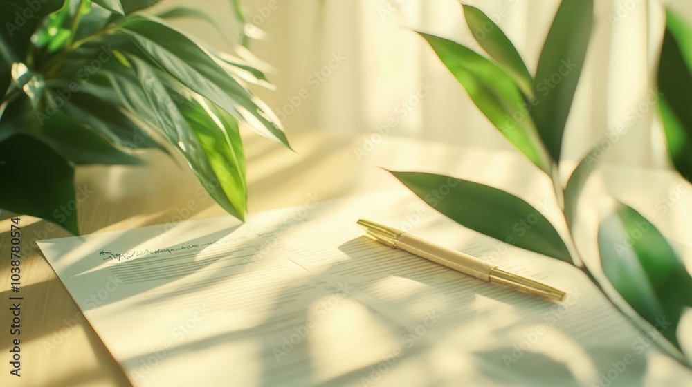 Obraz premium A pen rests on a document beside lush green leaves, illuminated by soft sunlight.