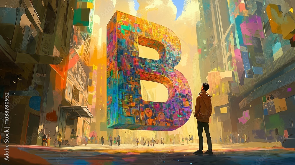 Fototapeta premium A man marvels at a giant, colorful 'B' in a vibrant urban backdrop of skyscrapers and art.