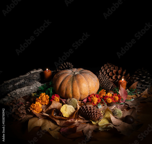 Autumn Pumpkin and Pine Cone Decoration with Candles photo