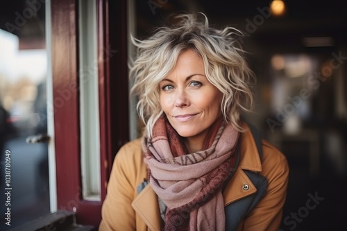 Portrait of a beautiful middle aged woman in a coat and scarf looking at the camera